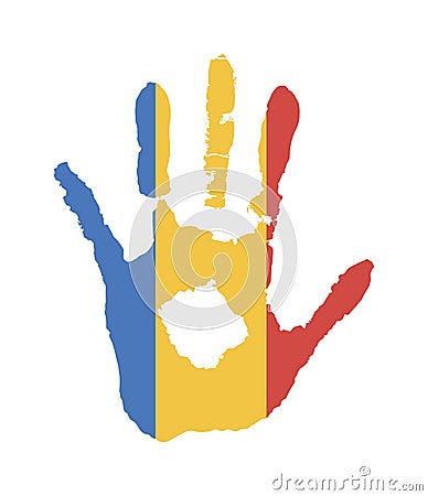 Vector handprint in the form of the flag of Romania. blue, yellow, red color of the flag Stock Photo