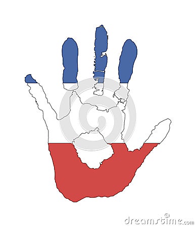 Vector handprint in the form of the flag of Yugoslavia. blue, white, red color of the flag Stock Photo