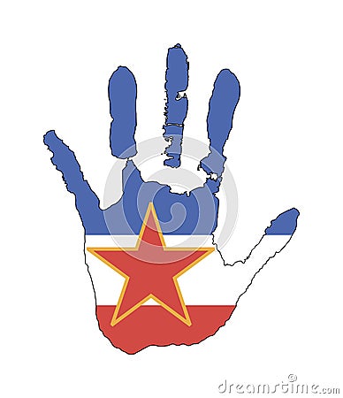 Vector handprint in the form of the flag of Yugoslavia. blue, white, red color of the flag with a star Stock Photo