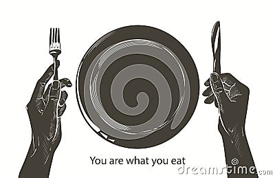Vector hands holding a knife and fork, plate on a table. Fasting, starvation, diet, weight loss, healthy eating concept Vector Illustration