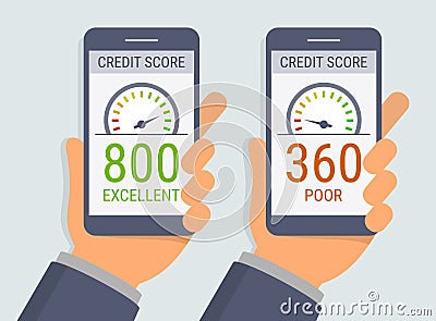 Hands holding smartphones with credit score app on the screen Vector Illustration
