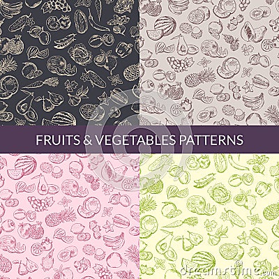 Vector handsketched fruits and vegetables vegan, healthy food, organic patterns set Vector Illustration