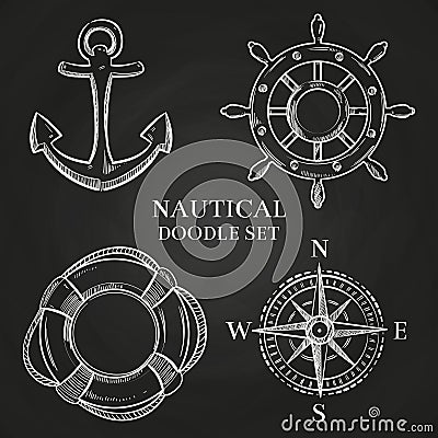 Vector handwheel, anchor, compass and lifebuoy Vector Illustration