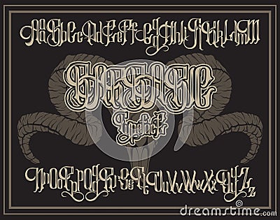 Vector handwritten gothic font for unique lettering with hand drawn illustration of ram skull. Vector Illustration