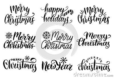 Vector handwritten Merry Christmas calligraphy set. Collection of Nativity and New Year lettering. Vector Illustration