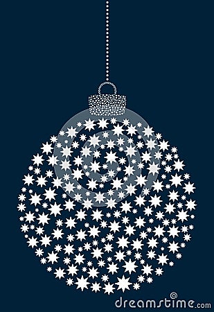 Vector hanging abstract Christmas ball consisting of asterisk, flower icons on a dark blue background. Vector Illustration