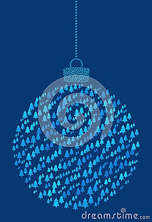 Vector hanging abstract Christmas ball consisting of fir tree icons on blue background. Vector Illustration