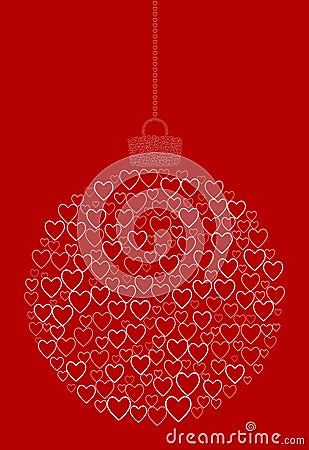 Vector hanging abstract Christmas ball consisting of line heart icons on red background. Vector Illustration