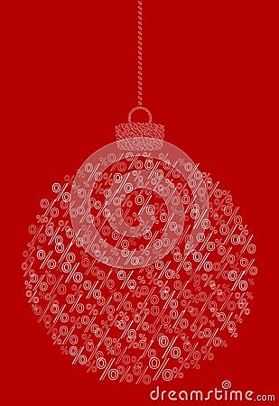 Vector hanging abstract Christmas ball consisting of line percent sign icons on red background. Vector Illustration