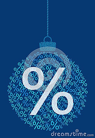 Vector hanging abstract Christmas ball consisting of percent sign icons, sale on blue background. Vector Illustration