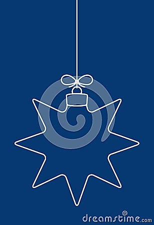 Vector hanging abstract simple line Christmas ball on a string with a bow on a blue background Vector Illustration