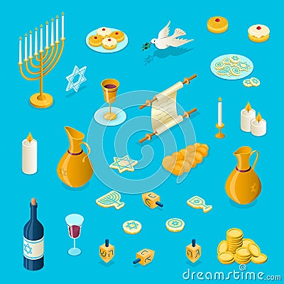 Vector Hanukkah isometric 3d elements set. Jewish holiday 3 dimensional objects. Menorah, dreidel, jug, candles Vector Illustration