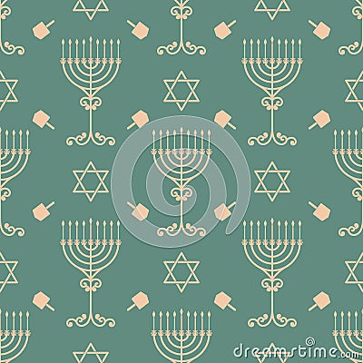 Vector hanukkah seamless pattern with menorah, dreidel and david star. Vector Illustration