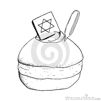 Vector Hanukkah sufganiyah donut with whipped cream and chocolate star of David filled with caramel Vector Illustration