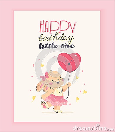 Vector happy birthday congratulation card design with cute little baby rabbit girl hold air balloon and text congratulation isolat Vector Illustration