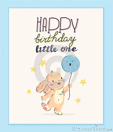 Vector happy birthday congratulation card design with cute little baby rabbit hold air balloon and text congratulation isolated on Vector Illustration