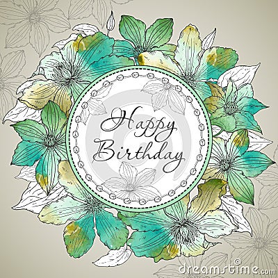 Vector Happy Birthday greeting card with beautiful clematis flow Stock Photo