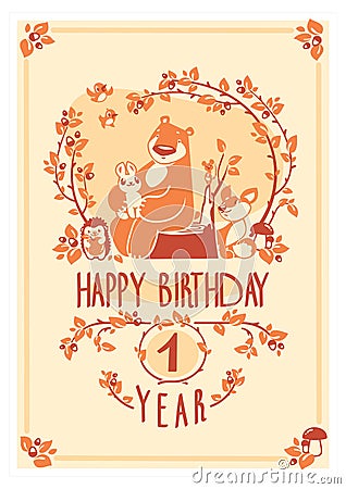 Vector Happy Birthday greeting card with cute rabbit, bird, hedgehog, mouse, fox and bear. Invitation design. Vector Illustration