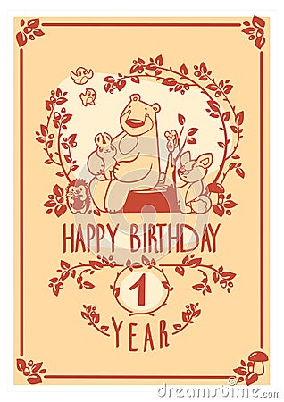 Vector Happy Birthday greeting card with cute rabbit, bird, hedgehog, mouse, fox and bear. Invitation design. Vector Illustration