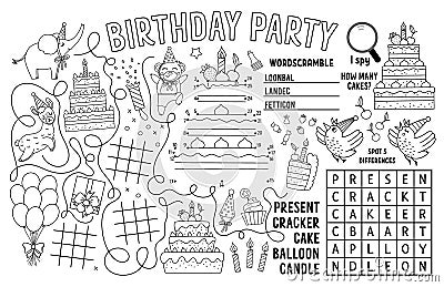 Vector Happy Birthday placemat for kids. Holiday party printable activity mat with maze, tic tac toe charts, connect the dots, Vector Illustration