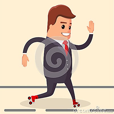 Vector, happy businessman. Manager character on the roller skates. Vector Illustration