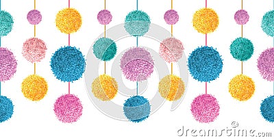 Vector Happy Colorful Birthday Party Pom Poms On Strings Set Horizontal Seamless Repeat Border Pattern. Great for Vector Illustration