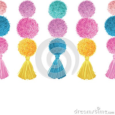 Vector Happy Colorful Birthday Party Pom Poms and Tassels Set Horizontal Seamless Repeat Border Pattern. Great for Vector Illustration