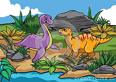 Happy dinosaurs cartoon in the nature Vector Illustration