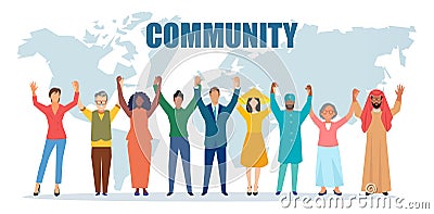 Vector of happy diverse multiethnic people standing together holding hands Stock Photo