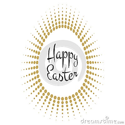 Vector Happy Easter black typographic calligraphic lettering with gold halftone egg as rays frame on white background. Vector Illustration