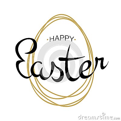 Vector Happy Easter black typographic calligraphic lettering with gold scribble egg frame on white background. Vector Illustration