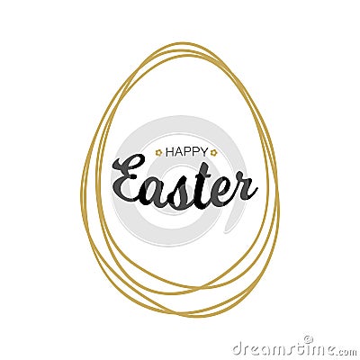 Vector Happy Easter black typographic calligraphic lettering with gold scribble egg frame on white background. Vector Illustration