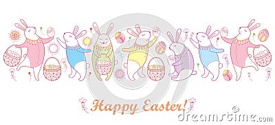 Vector Happy Easter border with outline easter rabbit, egg and basket in pastel colors isolated on white background. Vector Illustration