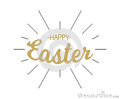 Vector Happy Easter gold typographic calligraphic lettering with black rays isolated on white background. Vector Illustration