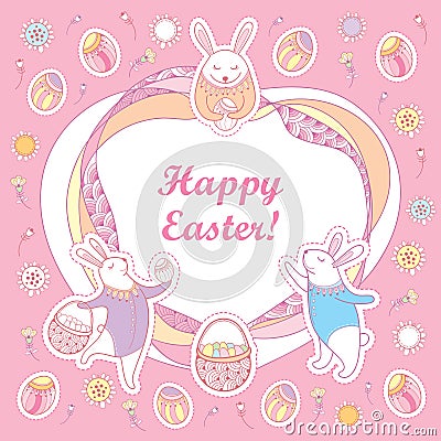 Vector Happy Easter greeting card. Contour Easter rabbits, egg, basket and ornate frame in pastel colors on the pink background. Vector Illustration