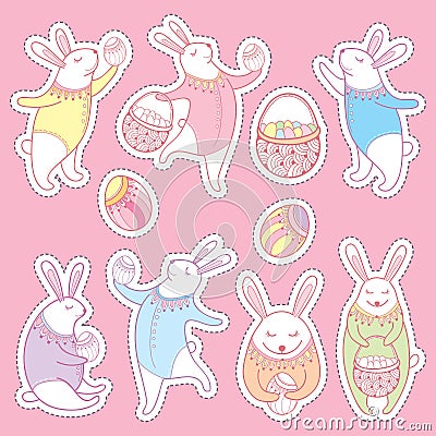 Vector Happy Easter patch badges set. Contour Easter rabbits, egg and basket in pastel colors isolated on pink background. Vector Illustration