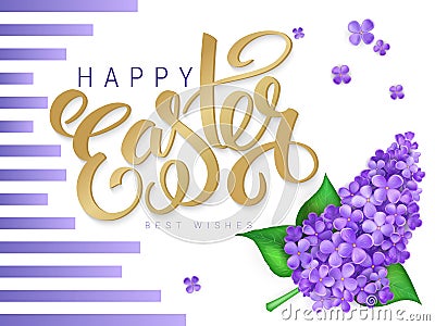 Vector happy easter poster with lettering, lilac flowers, doodle branches and stripes Vector Illustration