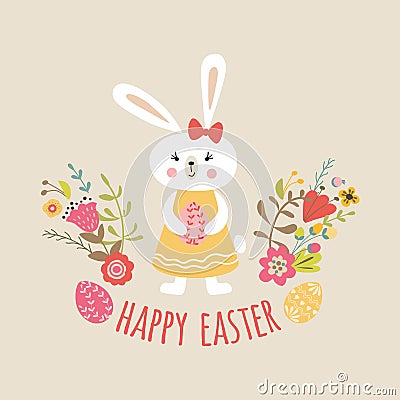 Cute girl rabbit Bunny Happy Easter template with eggs, flowers typographic design banner spring quote Vector Illustration