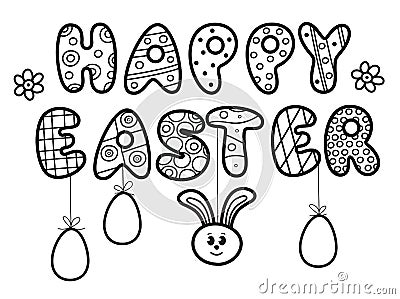 Vector Happy Easter text for kids coloring Vector Illustration