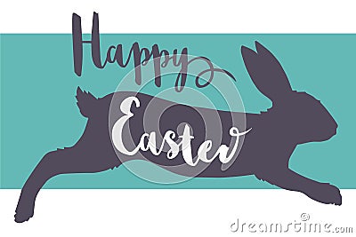 Vector Happy Easter typography font greeting card motive with jumping rabbit silhouette Stock Photo