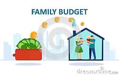 Vector of a happy family inside a house and money being transferred from wallet Vector Illustration