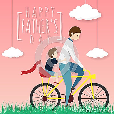 Vector of happy father`s day greeting card. father biking bicycle with his son ride on a pillion, riding in the grass field Vector Illustration