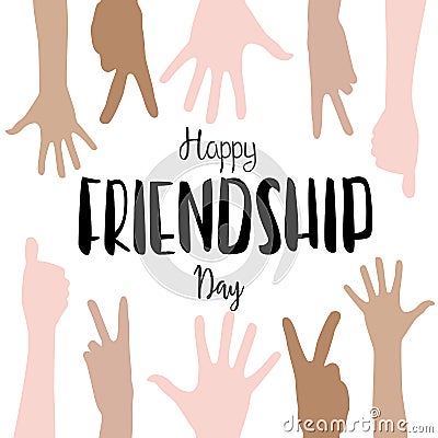 Vector happy friendship day lettering with children hands background Vector Illustration