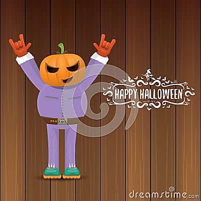 Vector Happy halloween creative hipster party background. man in halloween costume with carved pumpkin head Vector Illustration