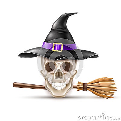 Vector happy halloween elements witch hat, broom Vector Illustration