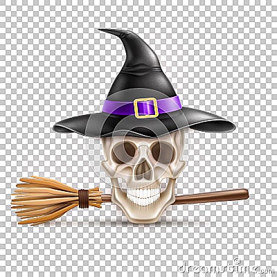 Vector happy halloween elements witch hat, broom Vector Illustration