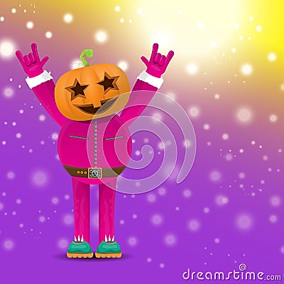 Vector Happy halloween hipster party background. man in halloween costume with carved pumpkin head on violet layout with Vector Illustration