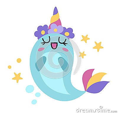 Vector happy narval unicorn. Fantasy water animal with rainbow horn and tail, flowers on head, wings, stars. Fairytale character Vector Illustration