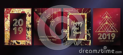 Vector 2019 Happy New Year background with golden marble texture. Christmas holiday greeting card. Vector Illustration