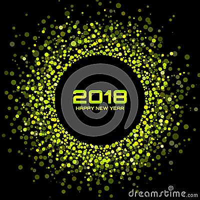 Vector Happy New Year 2018 Card Background. Green Bright Disco Lights Halftone Circle Frame. Vector Illustration